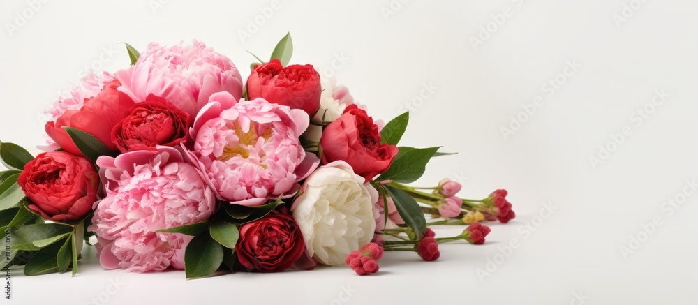 Poster a wedding bouquet with red and pink roses and peonies stands alone with a white backdrop, ideal for 