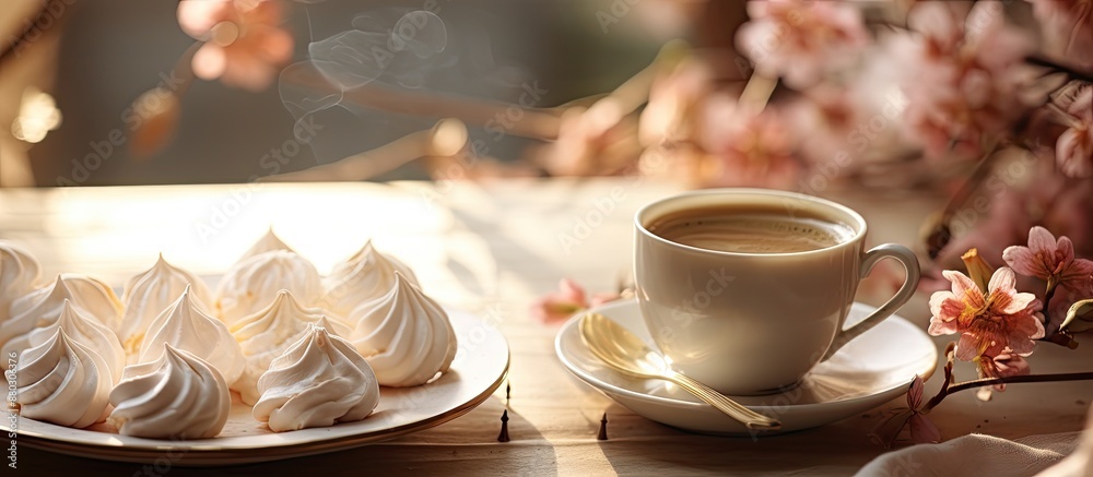 Poster a cozy cafe breakfast scene: meringue cookies, espresso, milk on a wooden table with a background of