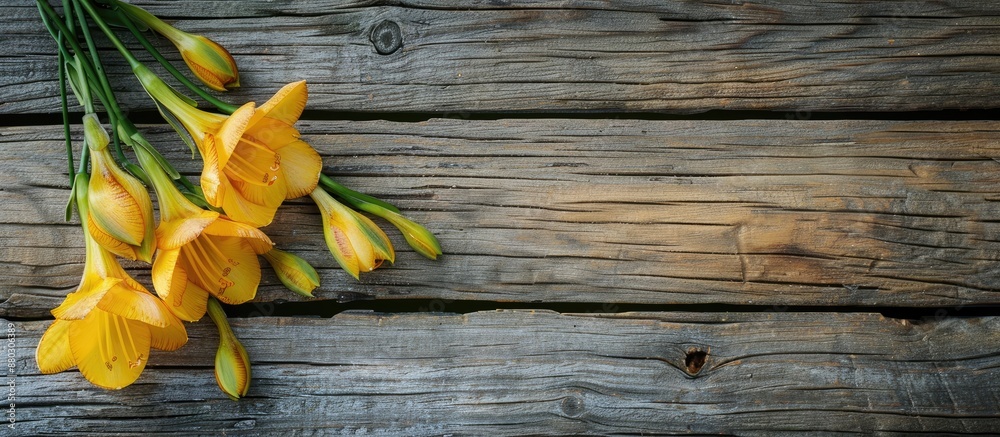 Poster freesia flowers blooming on a wooden surface with copy space image.