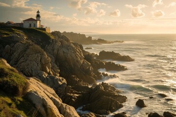 Fototapeta premium A serene painting featuring a lighthouse in the background, adding a touch of tranquility to the scene, An array of lighthouses along a rocky coastline, AI generated