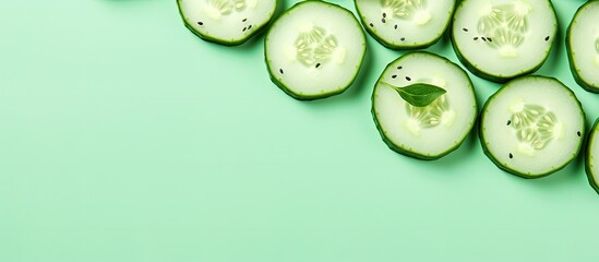 Cucumber slices on a face mask against a light green background, providing a serene copy space image.