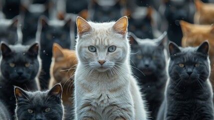 A white cat stands out among a group of gray cats