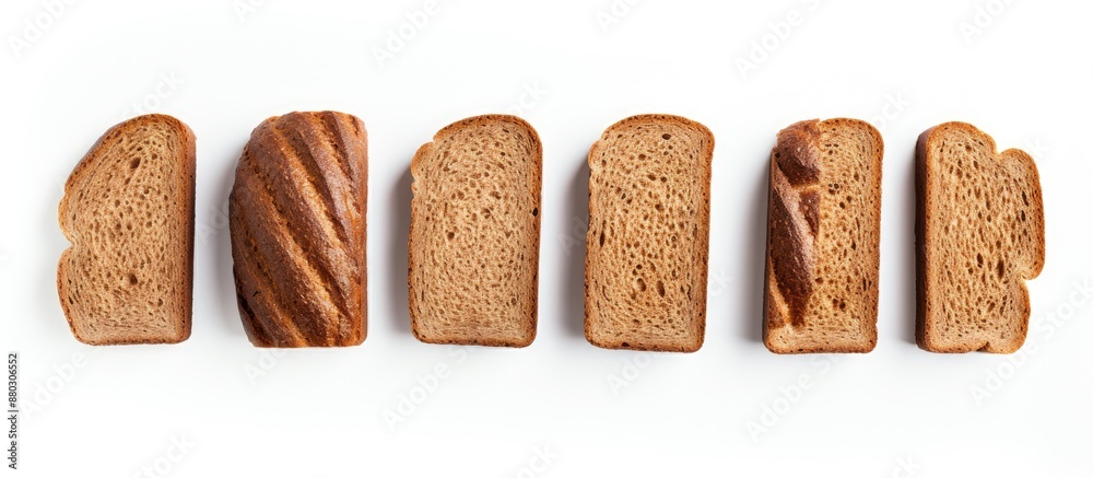 Poster top view of freshly baked rye bread slices on a white background with copy space image.