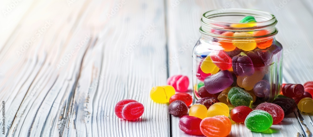 Poster colorful jelly candies spilling from an open glass jar on a white wooden backdrop creating a vibrant