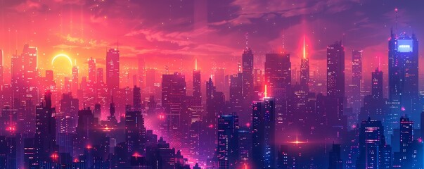 Fototapeta premium A panoramic view of an alien city nestled amidst towering skyscrapers, its neon lights illuminating the night sky.