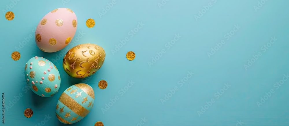 Poster Top view of Easter eggs adorned with golden paint on colored background, ideal for adding text in copy space image.