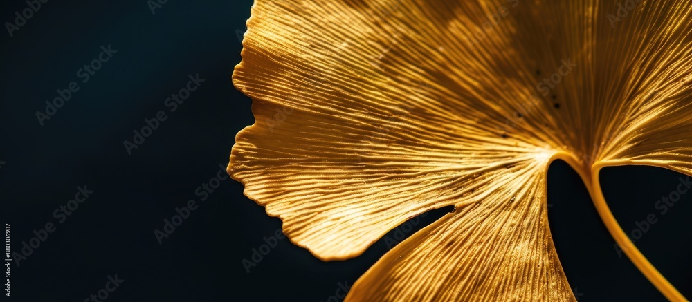 Aufkleber close-up of an elegant golden ginkgo leaf on a dark background, suitable for a design project that i
