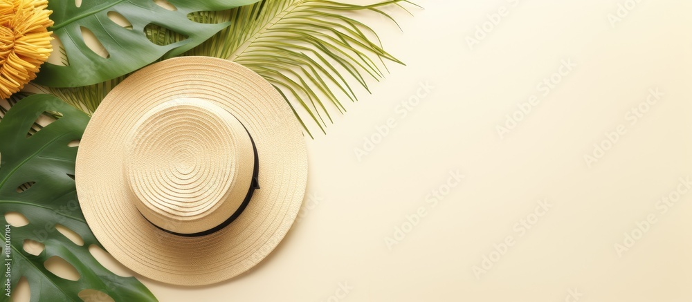 Poster Summer holidays depicted with a flat lay top view featuring a tropical leaf and a straw hat, creating a summer concept with ample copy space image included.