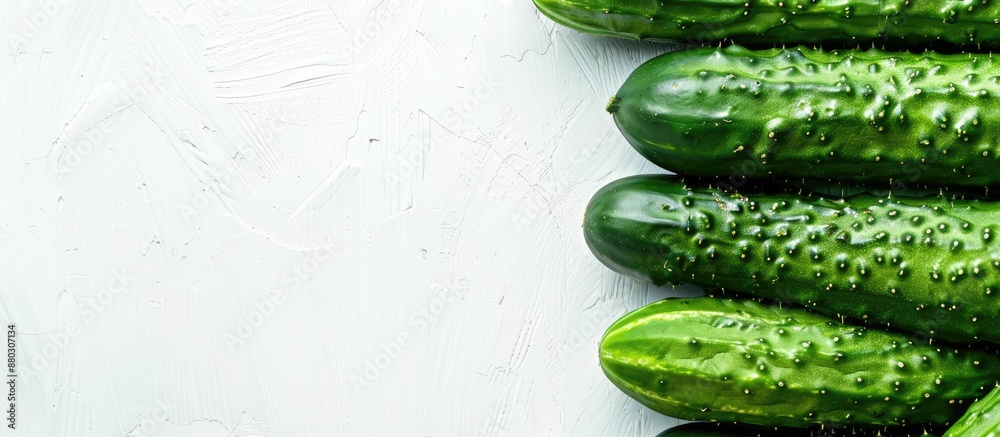 Poster Fresh cucumbers displayed from a close-up, top-down perspective on a white backdrop, with space for additional content or graphics in the shot.