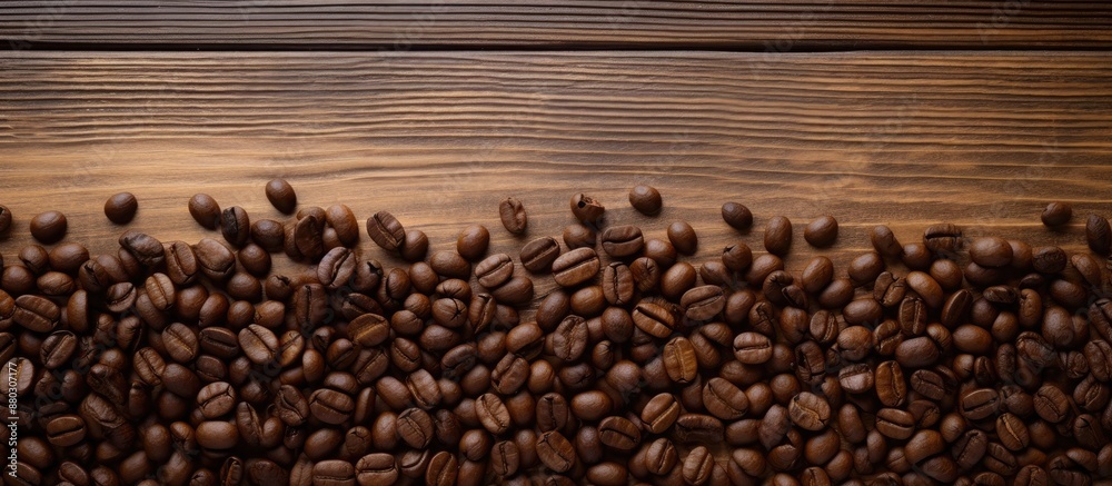 Aufkleber Coffee beans are arranged on a wooden surface background, creating a textured frame for a copy space image.