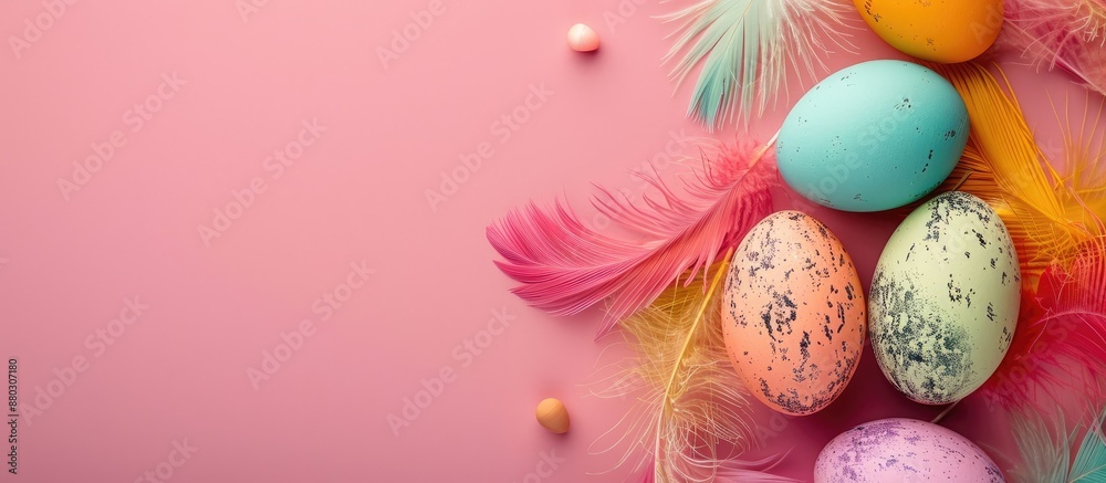Poster top view of easter eggs adorned with feathers, displayed on a pink backdrop, with copy space image a