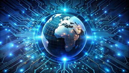 Obraz premium A futuristic virtual globe surrounded by glowing blue circuit boards, wires, and cryptic code, representing advanced cybersecurity shields.