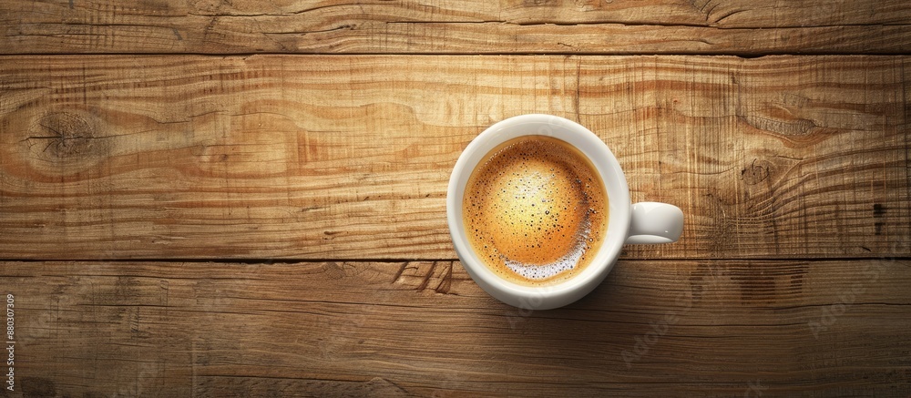 Poster a top-down view of a white espresso cup on a wooden surface, offering a clear area for additional im