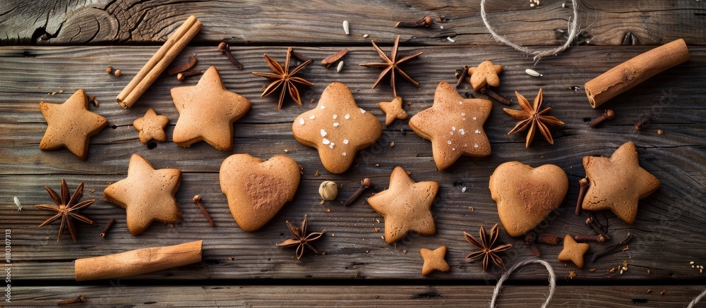 Aufkleber mock-up greeting card with edible ginger cookies shaped as stars and hearts, adorned with cinnamon a