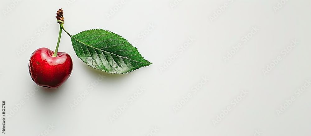 Poster top view of a cherry with a green leaf against a white backdrop, with copy space image.
