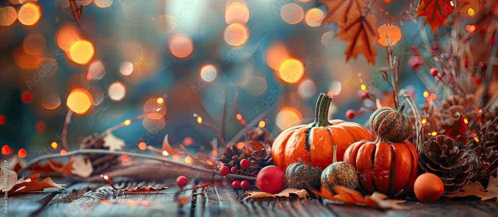 Poster pumpkin decorations with potpourri on a desk with copy space image.