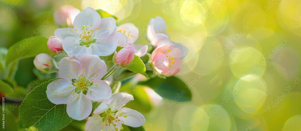 Poster apple blossoms in spring with a green background, perfect for a copy space image.
