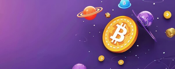 Fototapeta premium Bitcoin in Outer Space: 3D Render