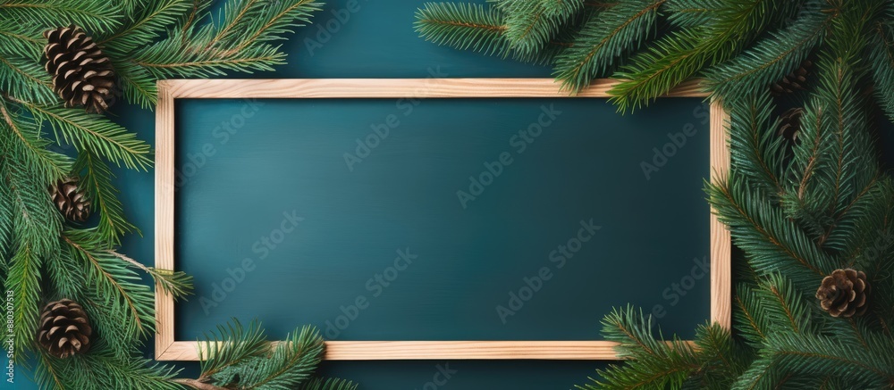 Aufkleber Top-down angle of a wooden frame crafted from fir tree on vibrant backdrop featuring copy space image, embodying the spirit of Christmas.