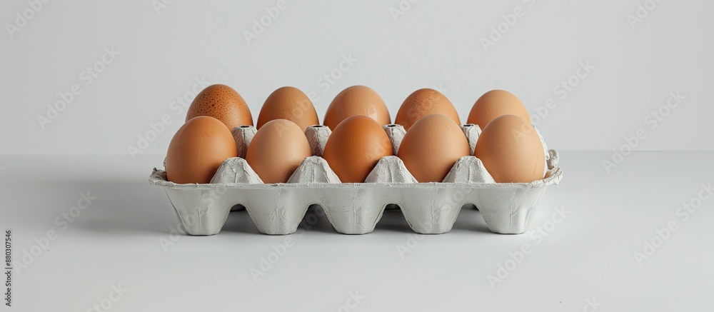 Poster Side view of a tray of eggs on a white background, creating a perfect copy space image for food objects.