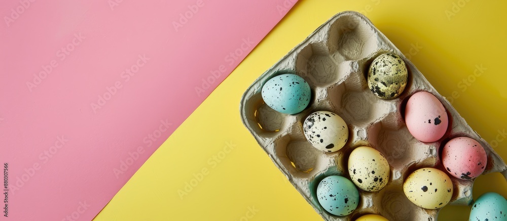 Poster easter-themed quail eggs in a carton on yellow and pink backdrop, featuring a holiday greeting conce