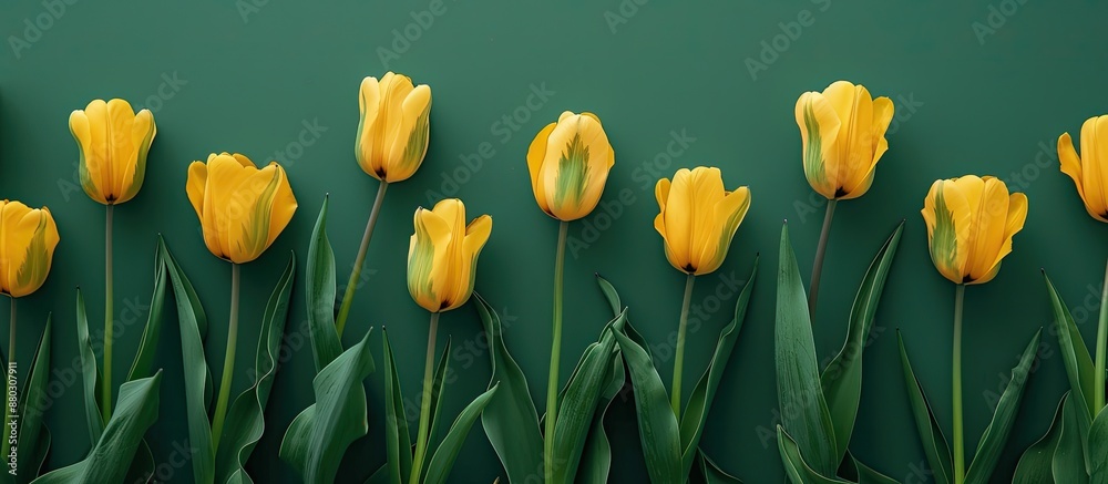 Poster top view of vivid yellow tulip blossoms in full bloom against a green backdrop with space for text i