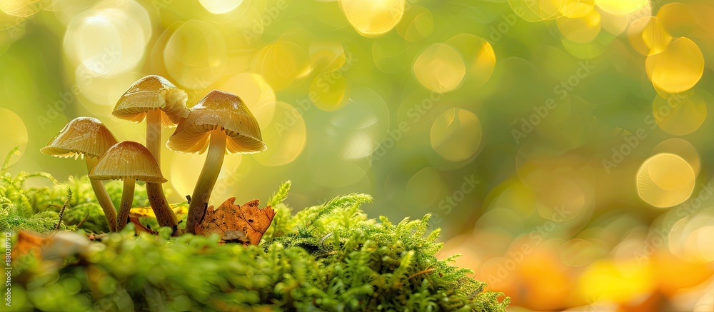 Aufkleber small mushrooms in a forest with a green backdrop, ideal as a copy space image.