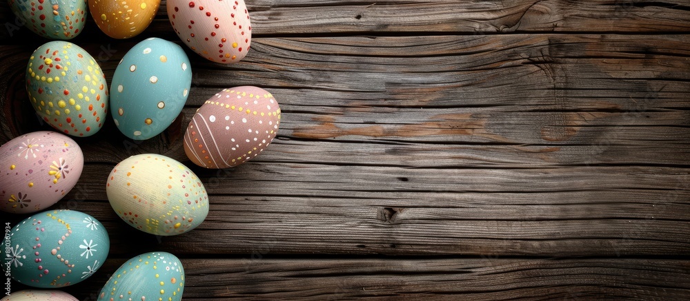 Poster Wooden background with Easter eggs for a copy space image.