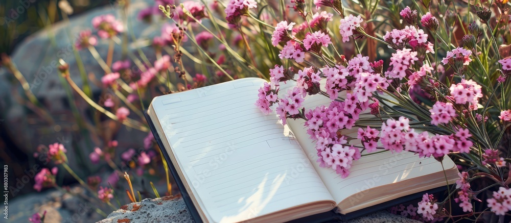 Poster a notebook is open next to a lovely bouquet of statice flowers, providing a clear area for a copy sp