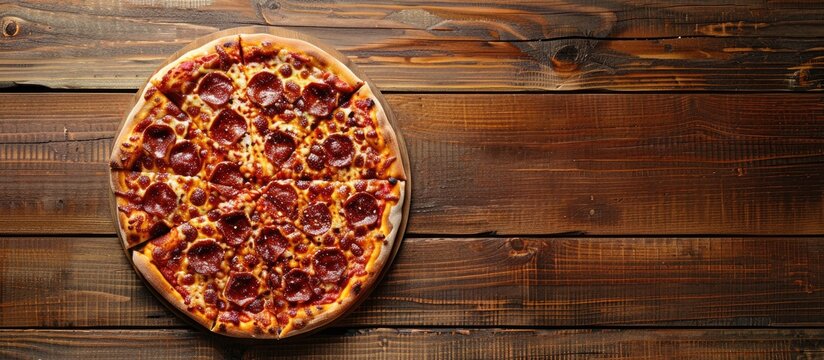 Flat lay of a mouthwatering hot pizza Diablo on a wooden table, with a designated area for adding text, known as a copy space image.