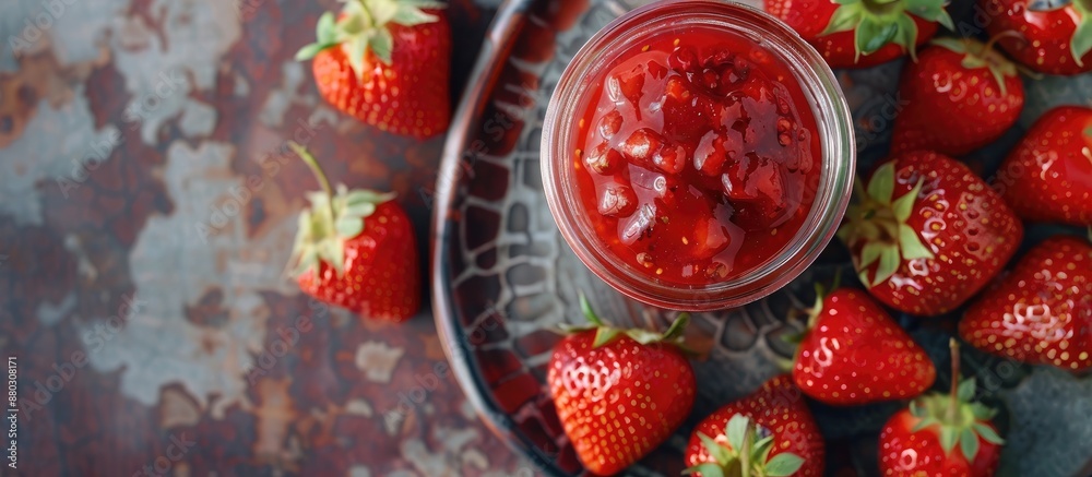 Poster top view of homemade strawberry jam in a glass jar presented with fresh berries on a plate, set agai