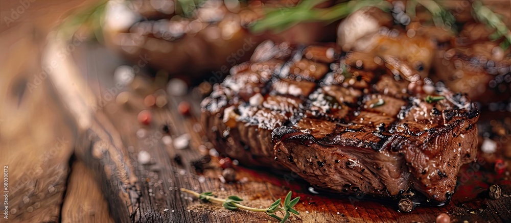 Poster grilled meat on a restaurant menu with a medium-sized steak is featured in this mouthwatering dinner