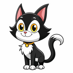 Cartoon Black and White Cat Illustration with Yellow Eyes and Collar