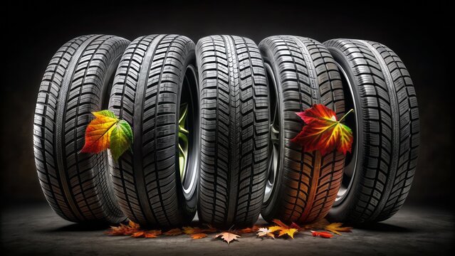 High-contrast black background showcases a fresh set of seasonal tires awaiting installation, emphasizing car maintenance and seasonal preparedness.