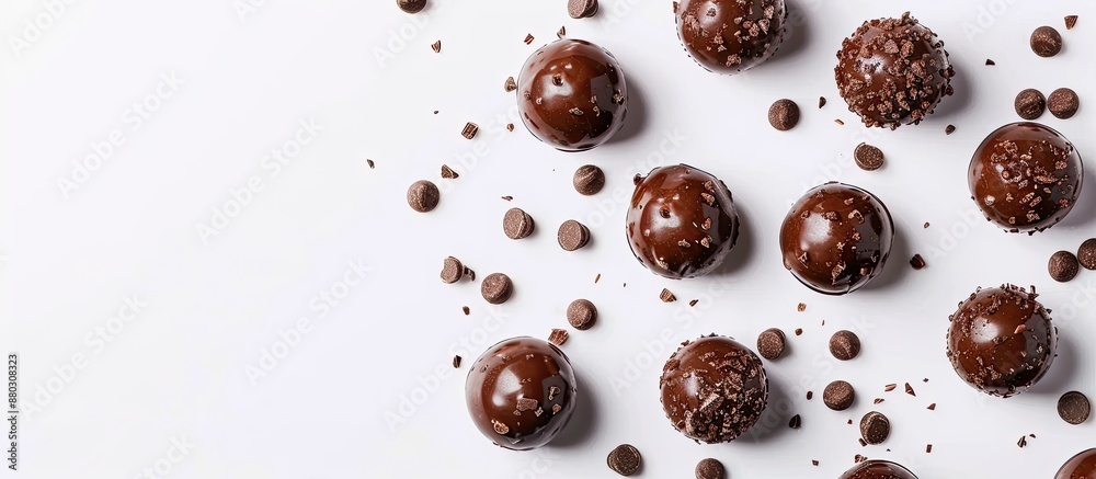 Poster chocolate spheres placed on a white backdrop with copy space image.