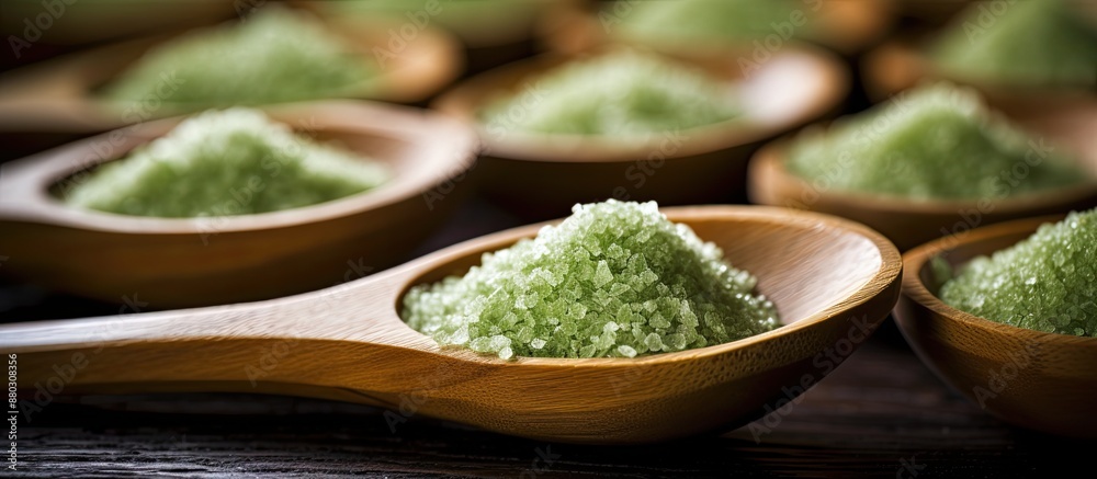 Poster close-up of green bath salt displayed in wooden spoons with copy space image.