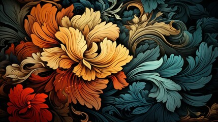 Vibrant brocade design with intricate patterns, dynamic colors, flat texture. Highquality illustration with detailed ornate patterns.