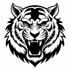 Angry Roaring Tiger Face - Black and White Vector Illustration