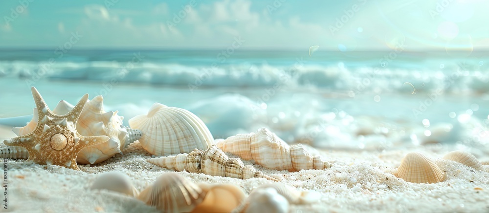 Aufkleber sandy beach backdrop with seashells and a summer vacation theme, perfect for adding text or images.
