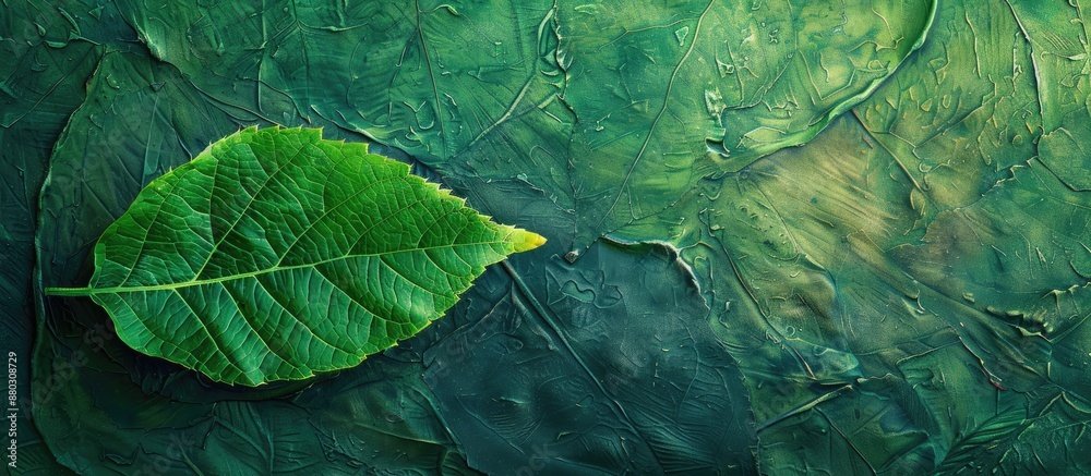 Poster background featuring a textured fresh green leaf, suitable for copy space image.