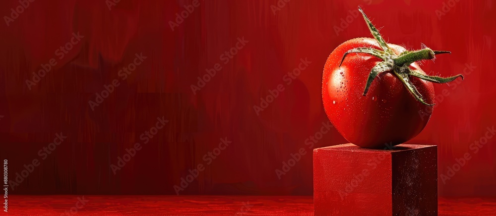 Poster a ripe tomato sits on a cube against a red backdrop in a copy space image.