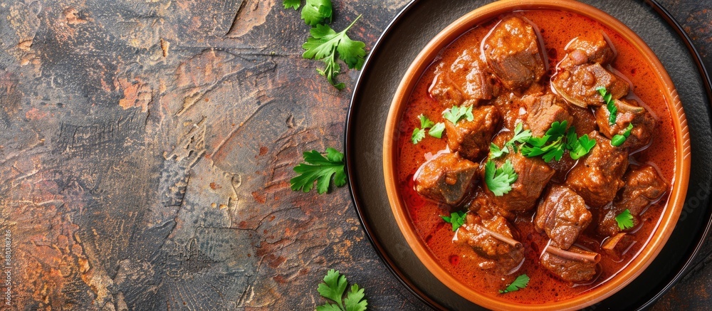 Poster indian-style lamb curry in a bowl with copy space image on a table.