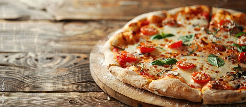 Poster italian pizza with cheese and vegetables on a table, displayed in a mouthwatering copy space image.