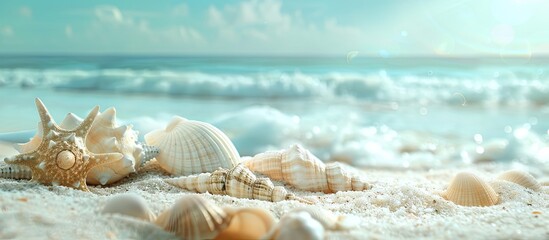 Sandy beach backdrop with seashells and a summer vacation theme, perfect for adding text or images.