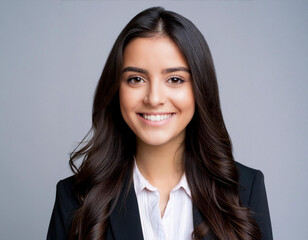Beautiful young business woman brunette portrait friendly smiling cute girl with long hair in grey background studio shot