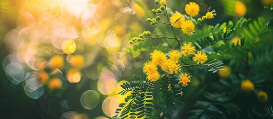 A delicate mimosa flower on a bush in a park surrounded by green nature, with copy space image.