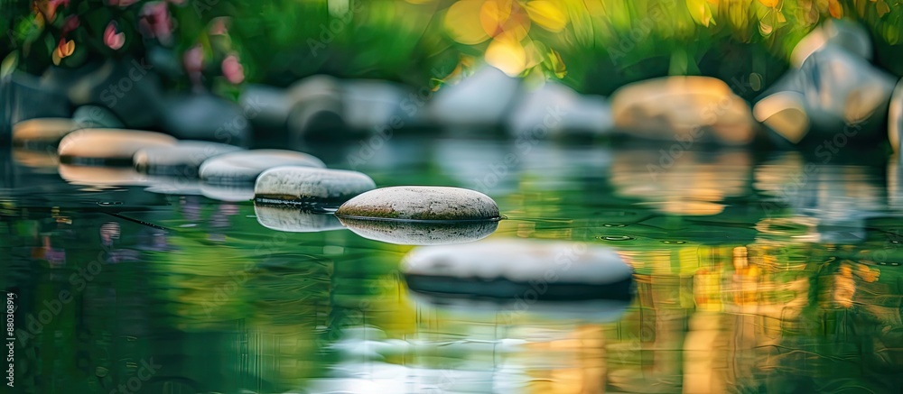 Poster A serene pond displaying smooth stones, with the water's reflection adding to the tranquility of the scenery in the copy space image.