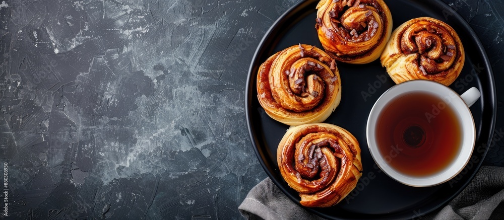 Poster cinnamon rolls and buns are arranged enticingly on a black plate accompanied by a cup of tea. the da
