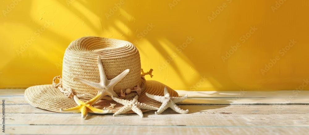 Poster straw hat adorned with sea stars placed on a table with a bright yellow backdrop, perfect for a beac