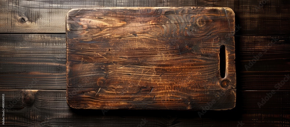 Poster a wooden cutting board is seen from above on a rustic dark wood countertop, providing a rustic backd
